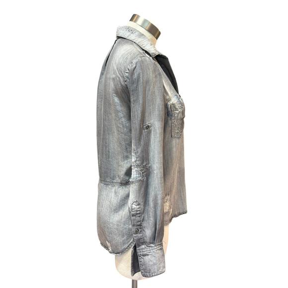 Cloth & Stone Anthropologie Shirt Distressed Chambray Gray Patches Sz. XS - Picture 5 of 12